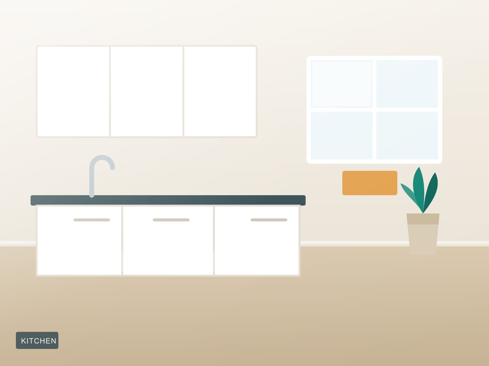 Illustration of a tidy kitchen with clear counters and clean cabinet fronts