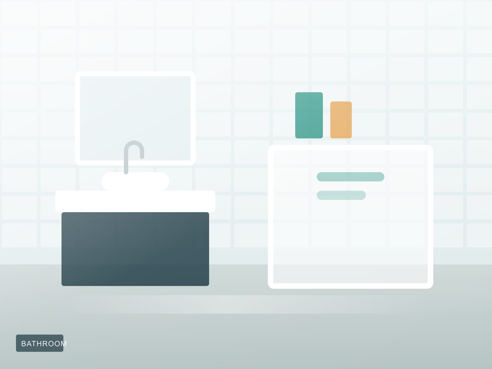 Illustration of a clean bathroom with tiled walls, a vanity and a glass shower