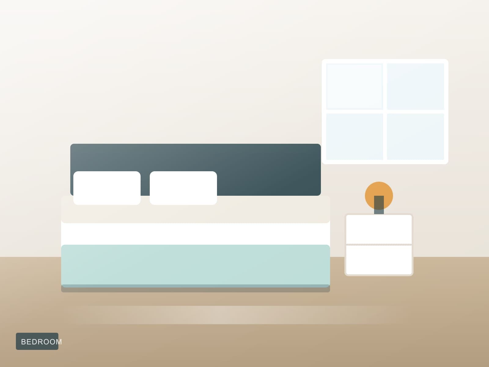Illustration of a made bed and tidy nightstand in a bright bedroom